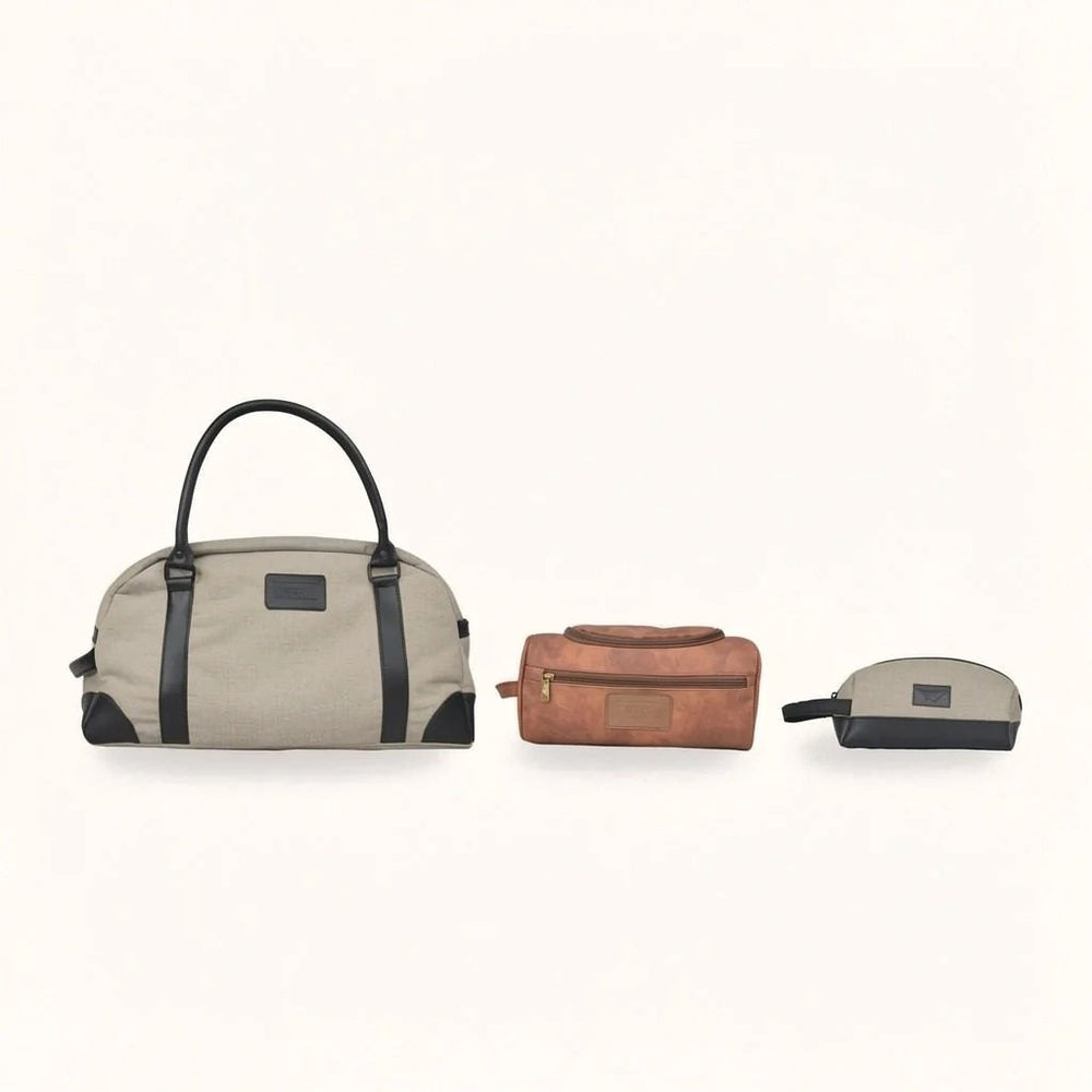 SET VIAGGIO · Tres piezas en beis y chocolate