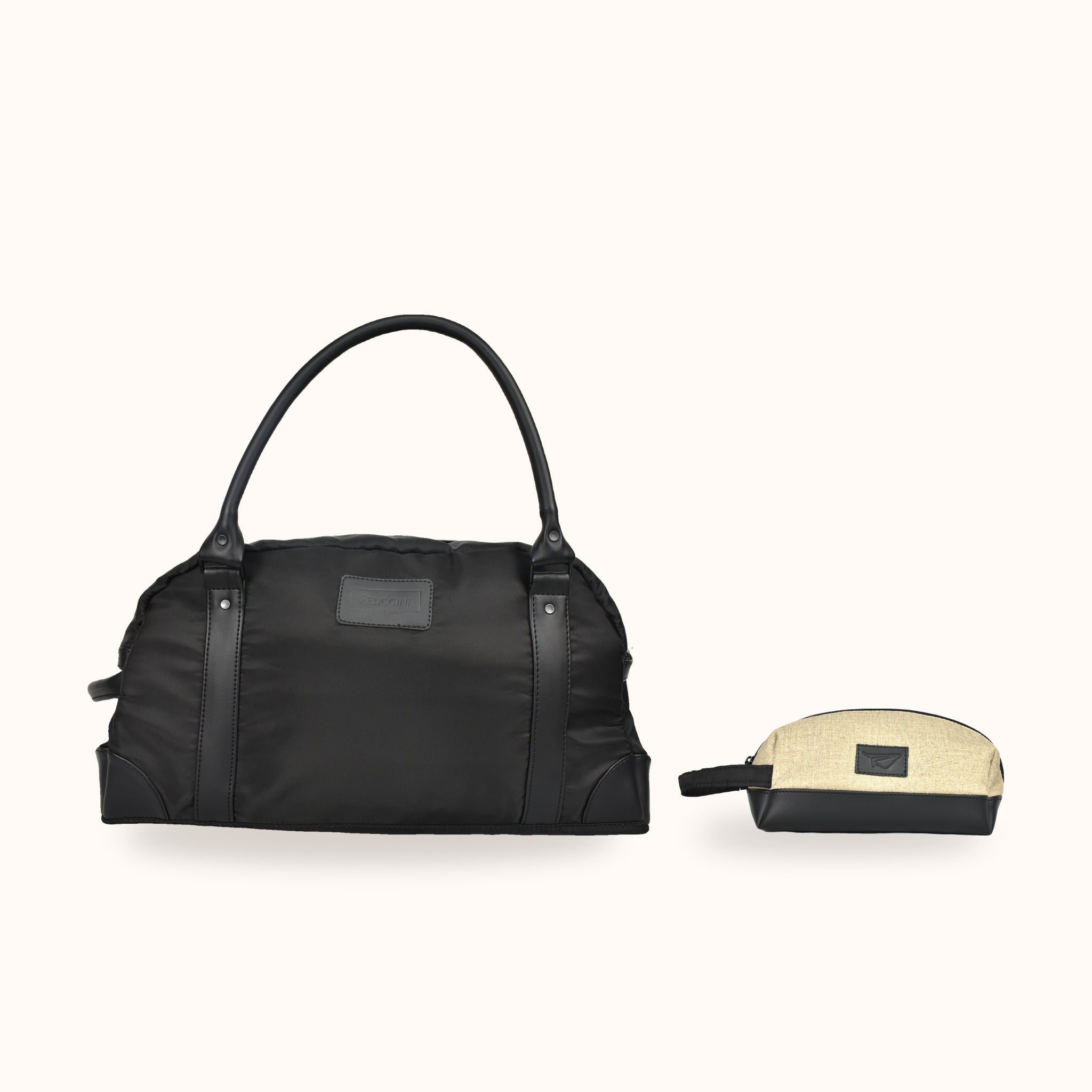 Set DUO CONTRASTO de FERCCINI: bolso de viaje Portofino Nero con neceser Minori Old Money en lino beige jaspeado