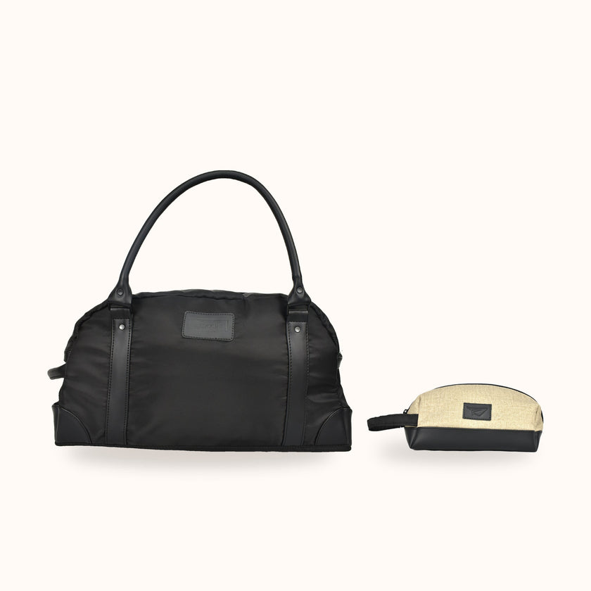 Set DUO CONTRASTO de FERCCINI: bolso de viaje Portofino Nero con neceser Minori Old Money en lino beige jaspeado