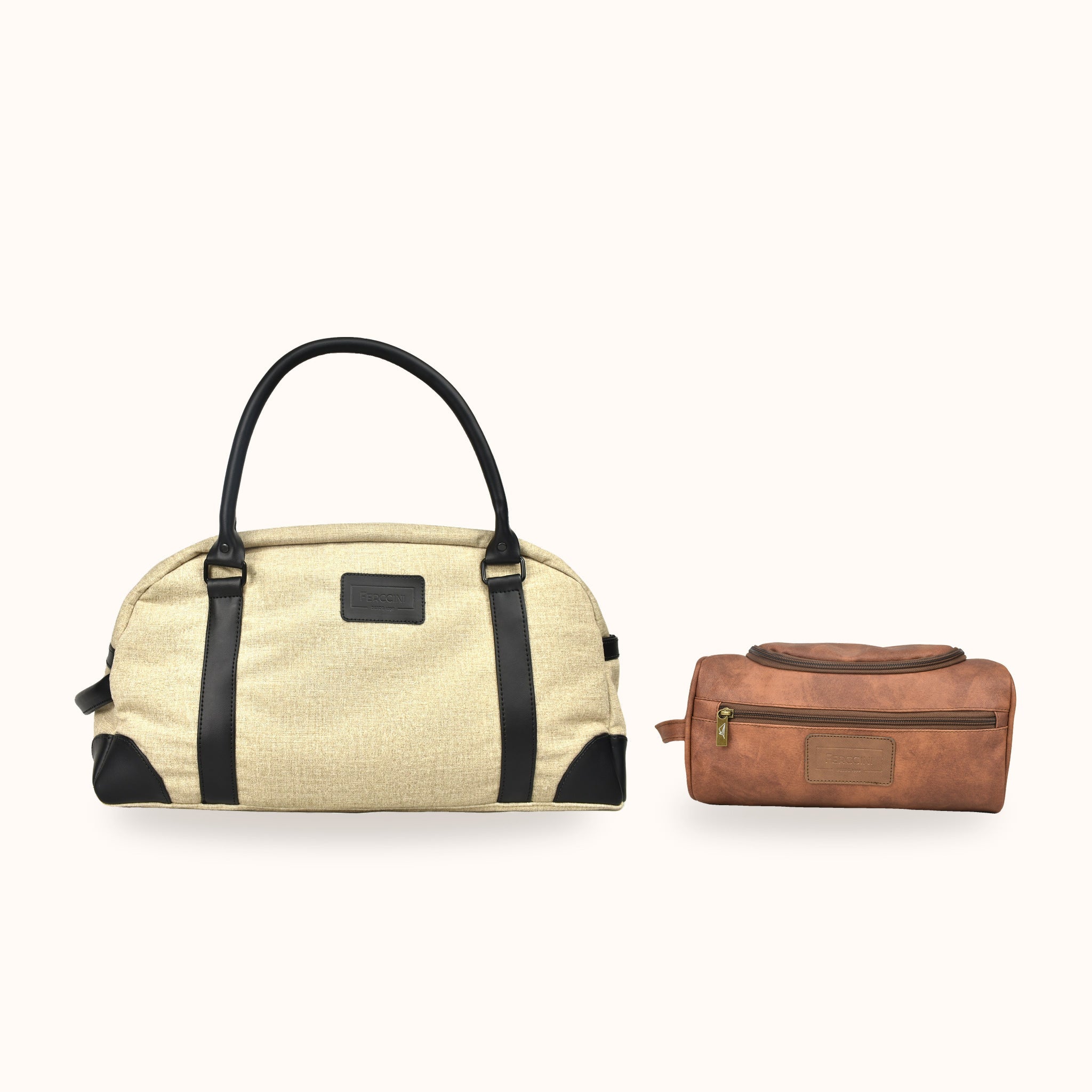 Set DUO MOCCA de FERCCINI: bolso de viaje Portofino Old Money en beis arena con neceser grande Vernazza Mocca