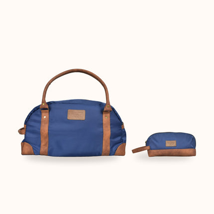 Set DUO NAVY de FERCCINI: bolso de viaje Portofino Navy con neceser Minori Navy de base y asa en sintético camel