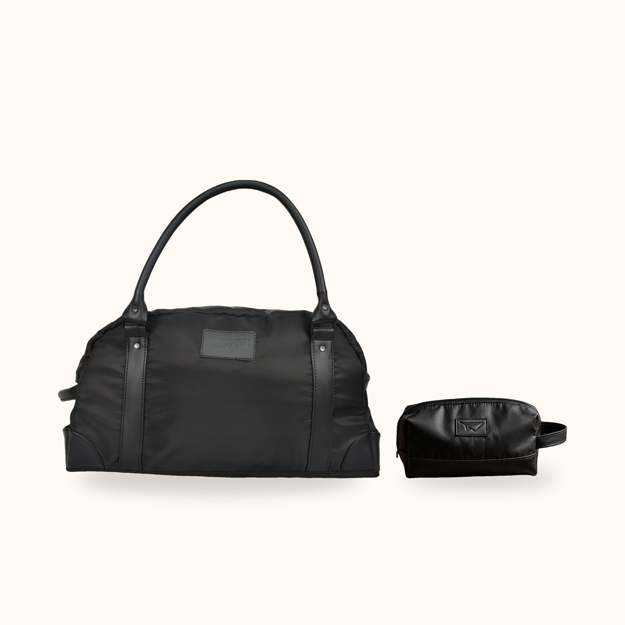 Set DUO NERO de FERCCINI: bolso de viaje Portofino Nero junto a su neceser Minori Nero, ambos en negro con herrajes a juego