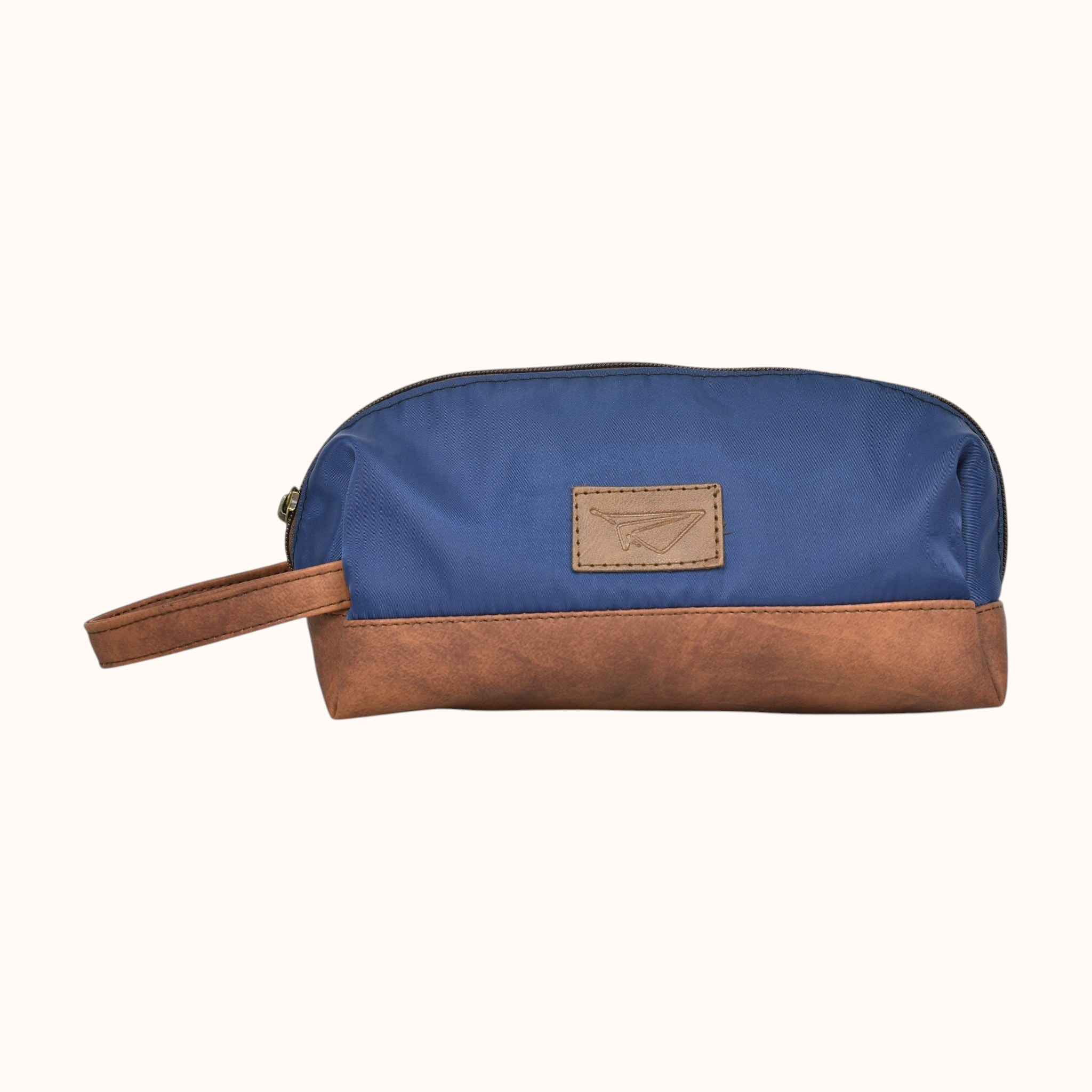 Neceser FERCCINI Minori Navy azul marino, vista lateral con asa en sintético camel