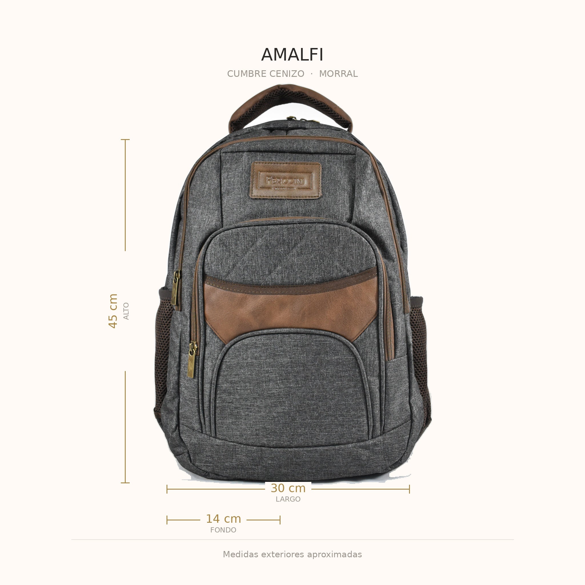 Medidas del morral AMALFI Cumbre Cenizo: 45 × 30 × 14 cm