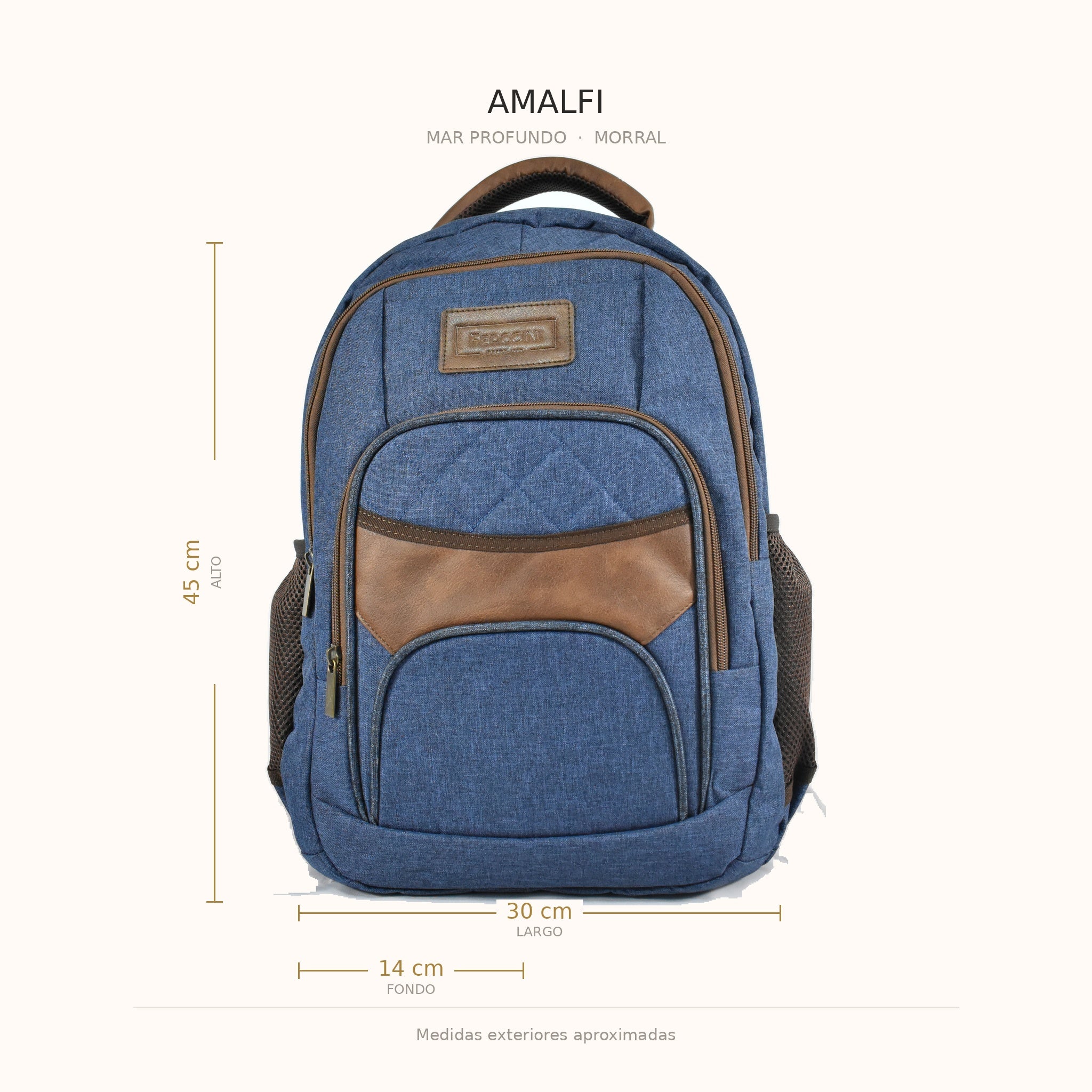 Medidas del morral AMALFI Mar Profundo: 45 × 30 × 14 cm