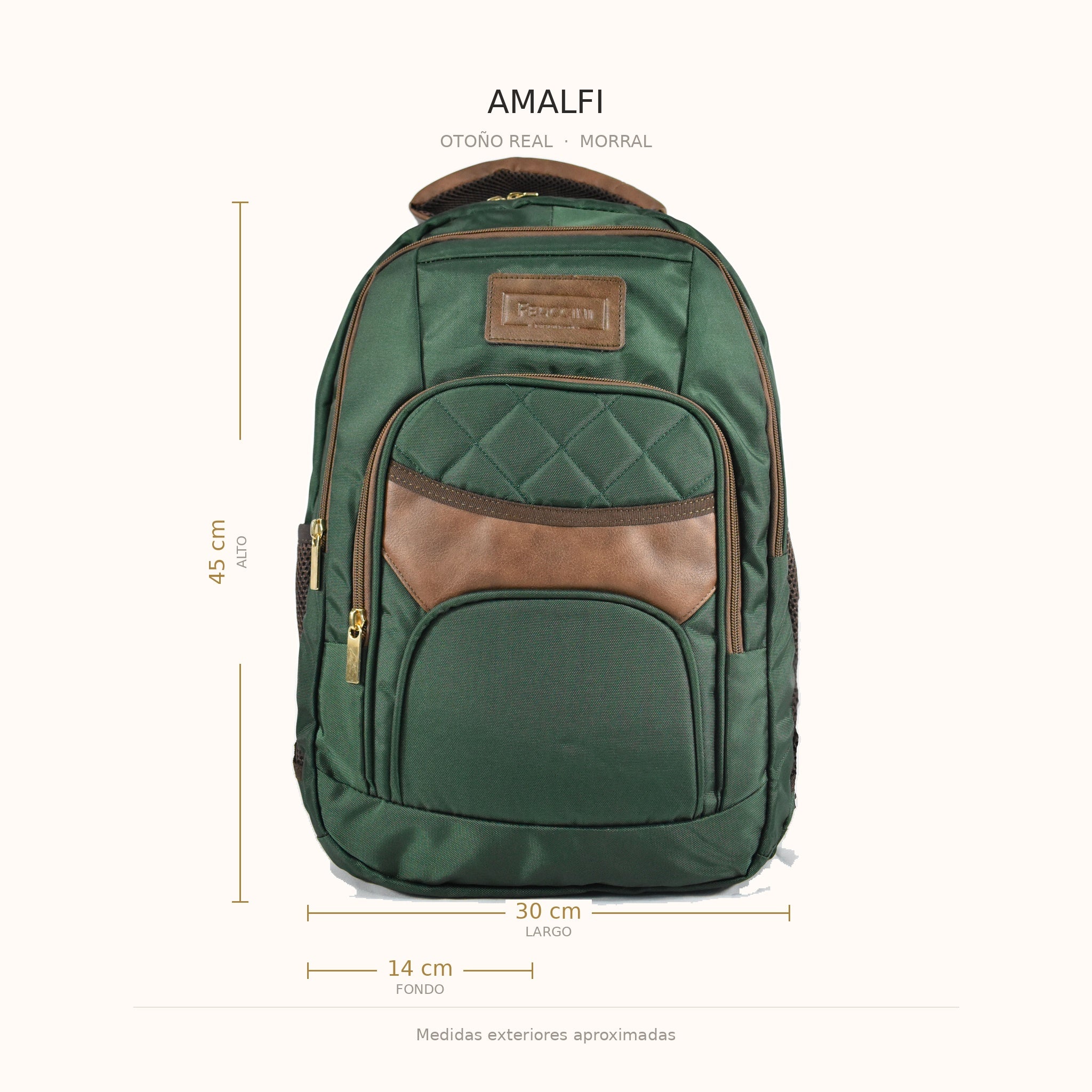 Medidas del morral AMALFI Otoño Real: 45 × 30 × 14 cm