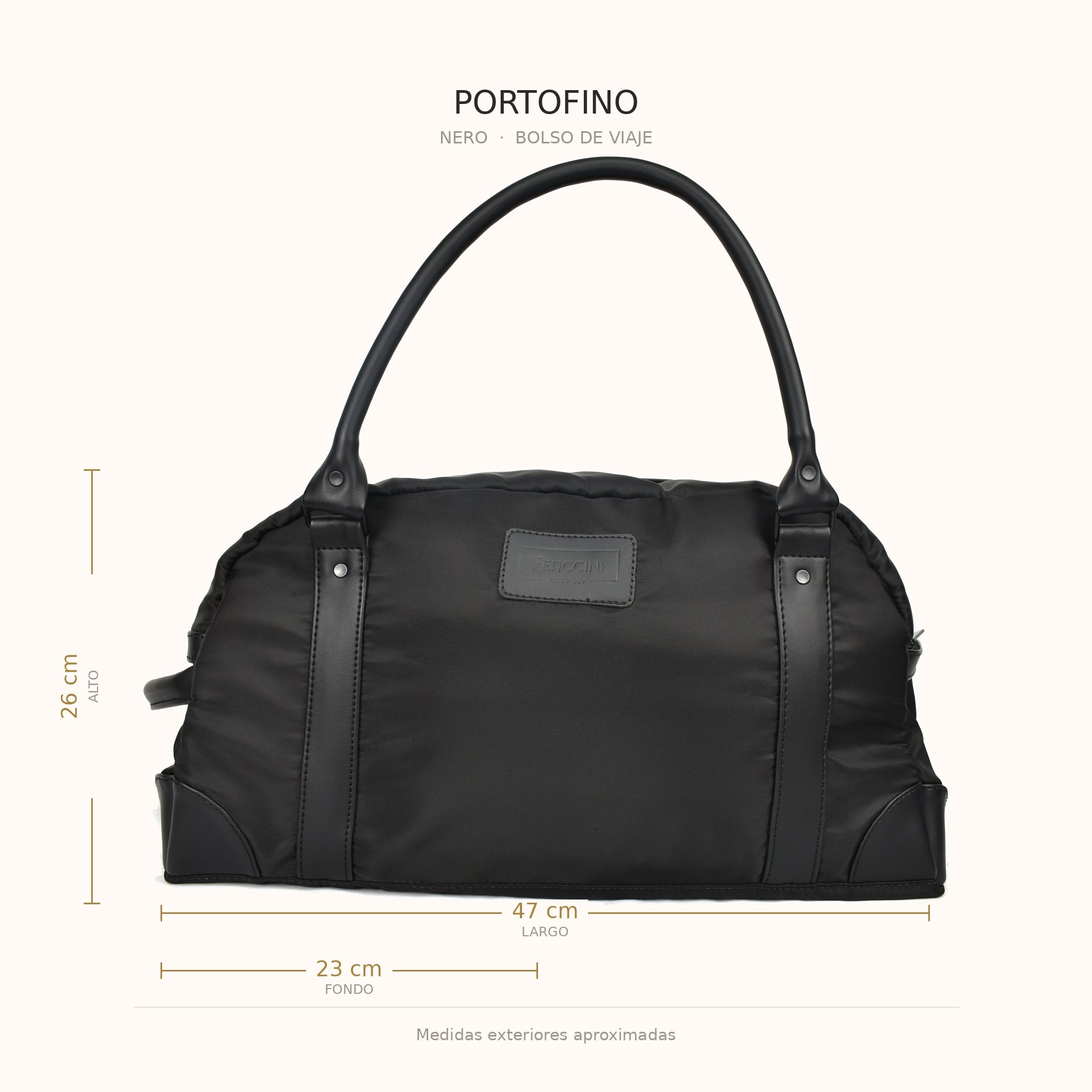 Medidas del bolso de viaje PORTOFINO Nero: 47 × 26 × 23 cm, formato de cabina