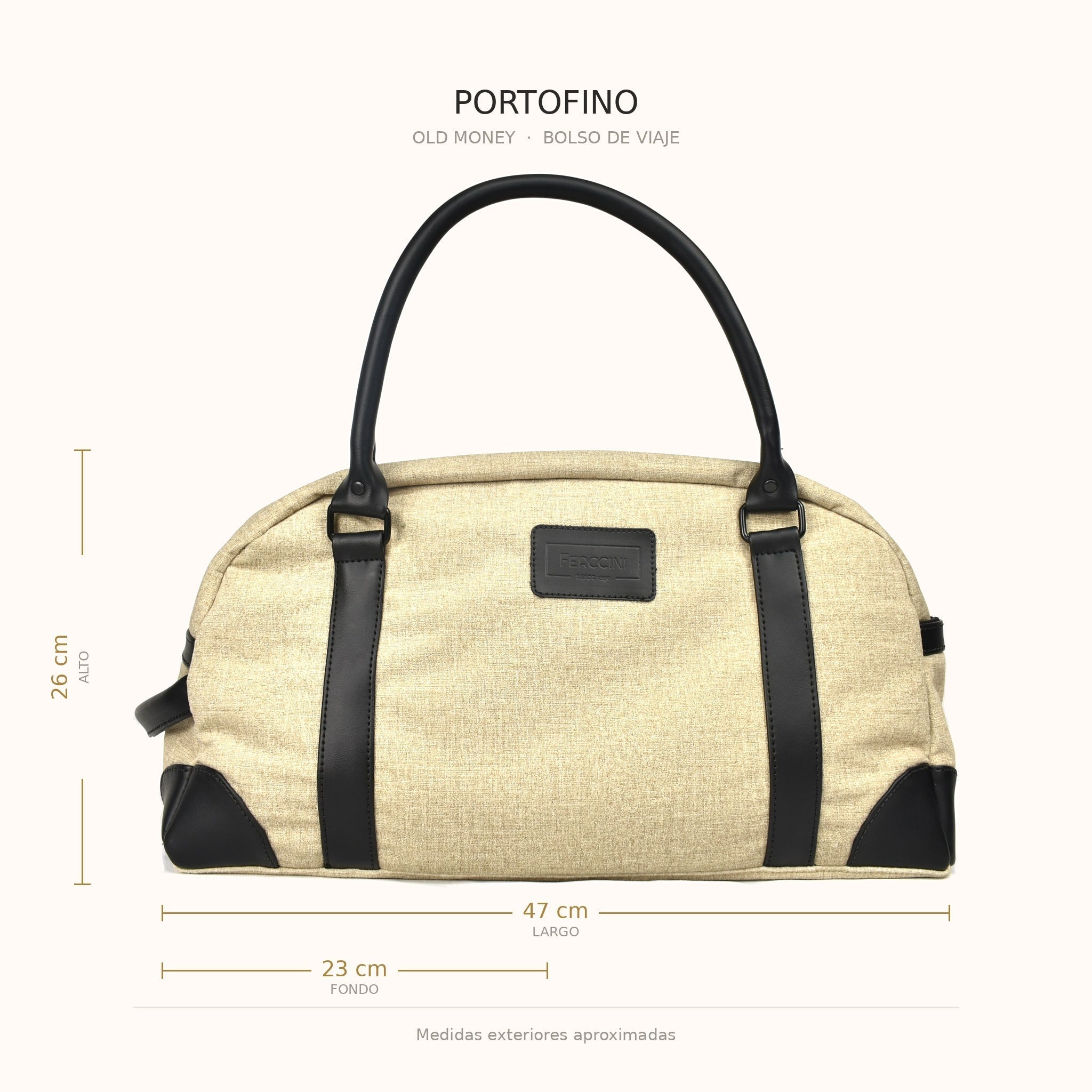 Medidas del bolso de viaje PORTOFINO Old Money: 47 × 26 × 23 cm, formato de cabina