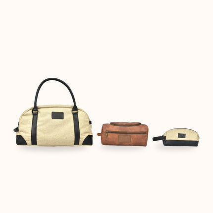 SET VIAGGIO de FERCCINI: bolso de viaje Portofino Old Money, neceser grande Vernazza Mocca y neceser Minori Old Money, las tres piezas juntas